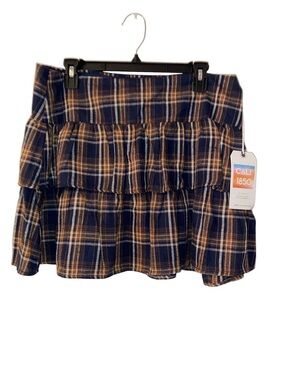 CALI 1850 Navy & Brown Plaid Tiered Mini Skirt